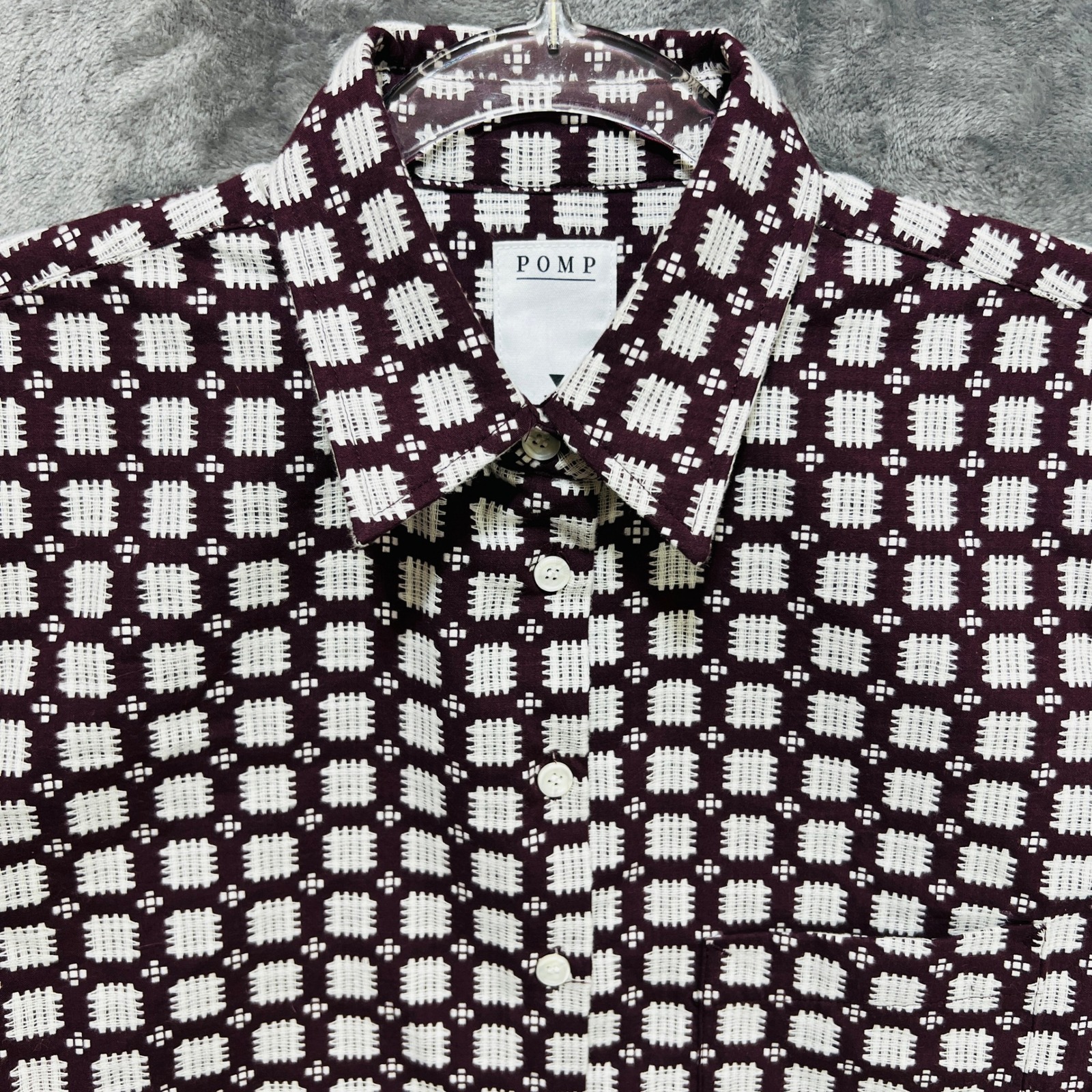 Pomp Proper Fit Button Shirt Sz M Burgundy Dobby Weave Grid Capsule Minimalist — image 8 of 8